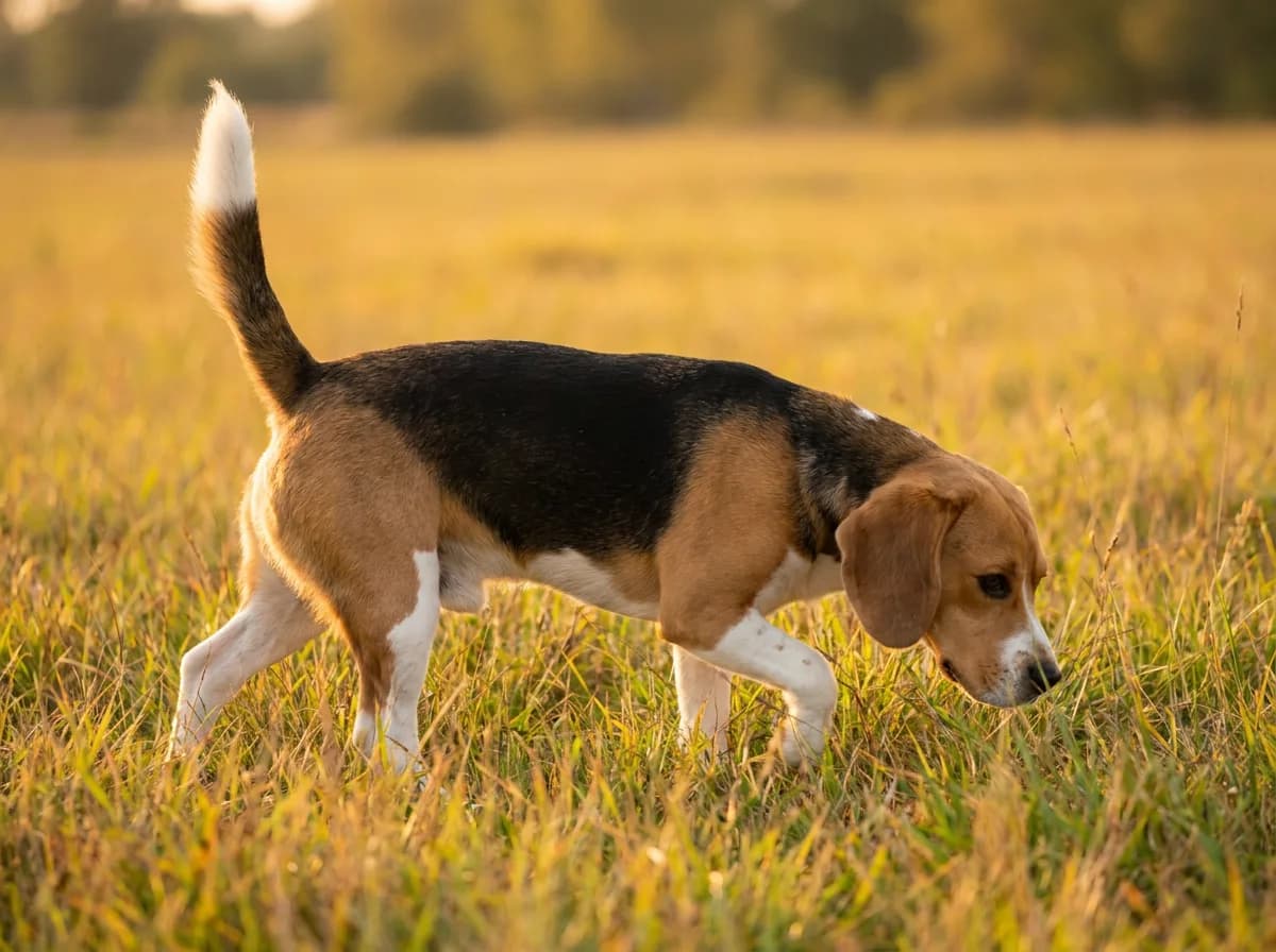 Tricolor Beagle with its nose down tracking a scent in tall grass, its white-tipped tail held high
