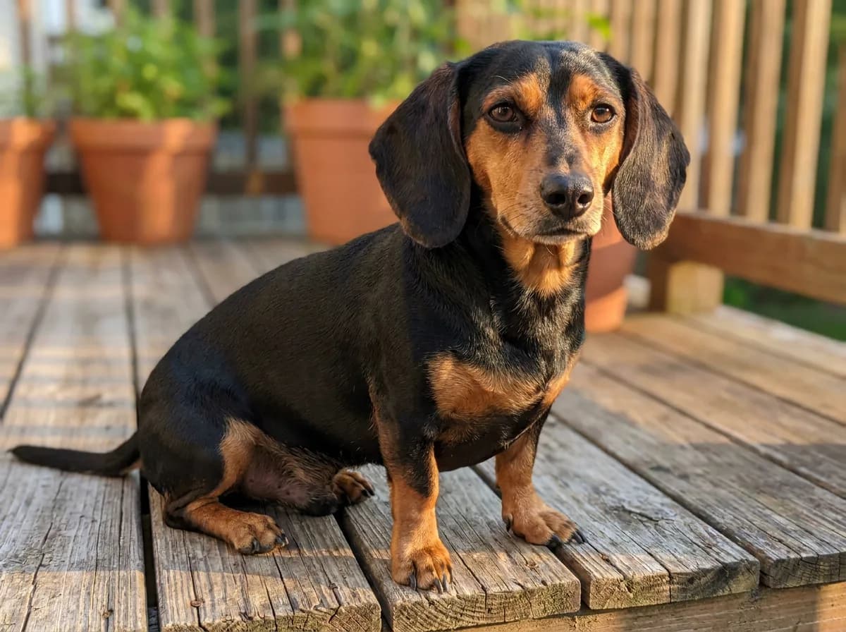 Black and tan Doxle with long drop ears sitting on a sunlit wooden deck, tan points on its brows, muzzle, chest, and legs