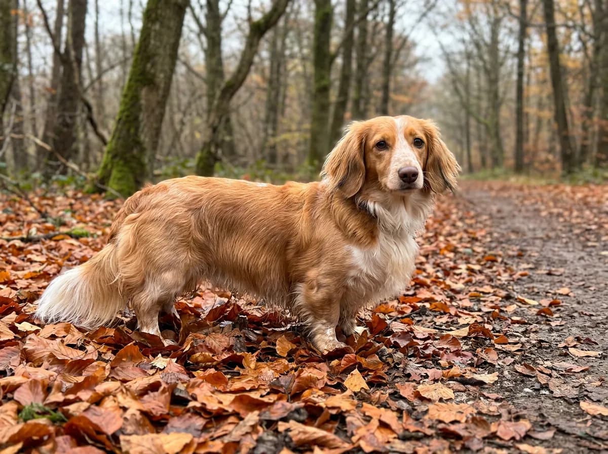 Long-haired red and white Doxle with feathered ears, chest, and tail standing in fallen autumn leaves