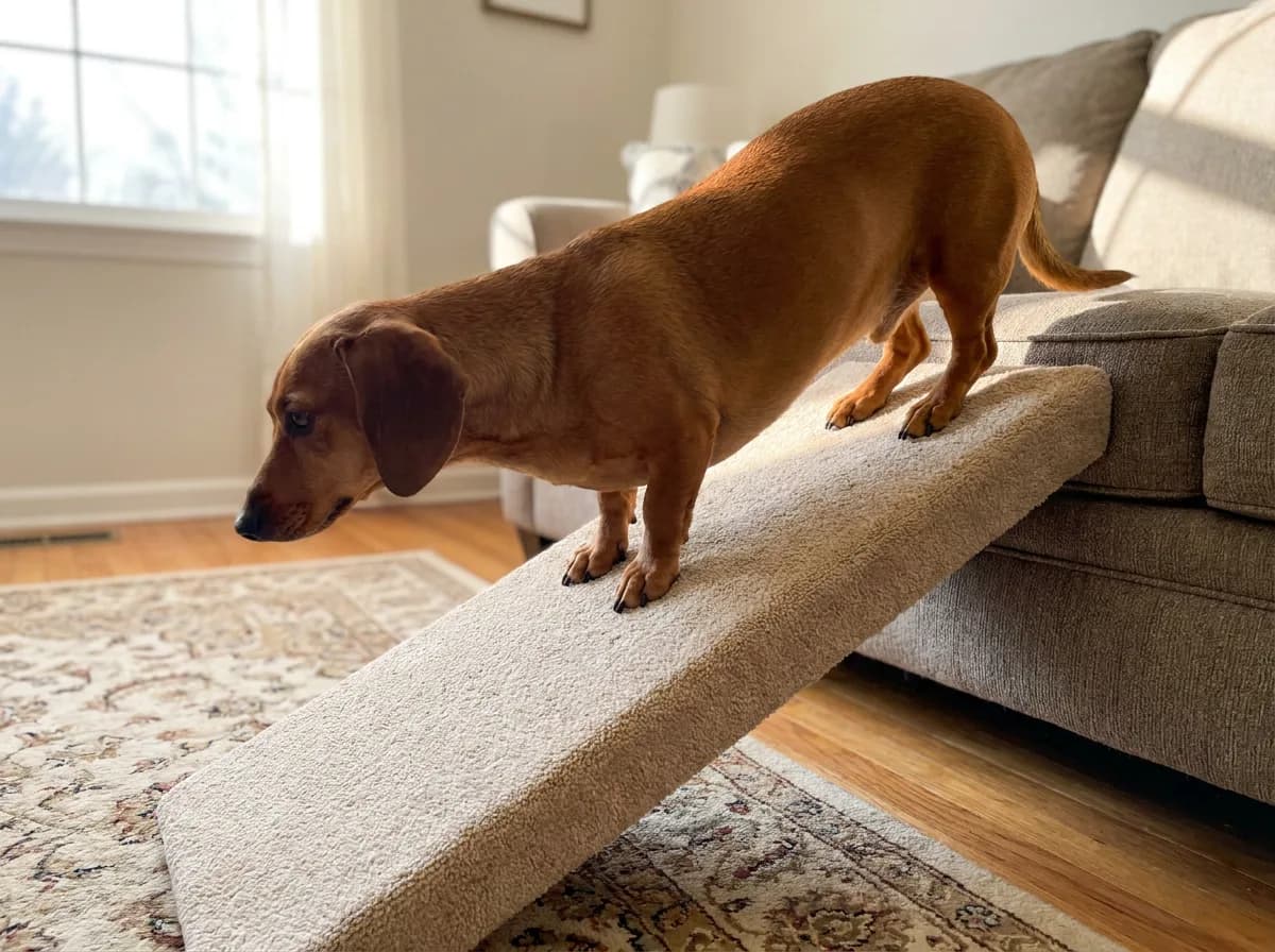 Red Doxle walking down a carpeted ramp from a sofa to the floor