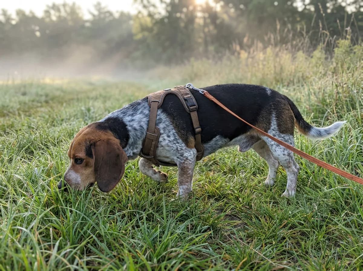 Long-backed tricolor Doxle with ticked legs sniffing a dewy field on a leash and harness