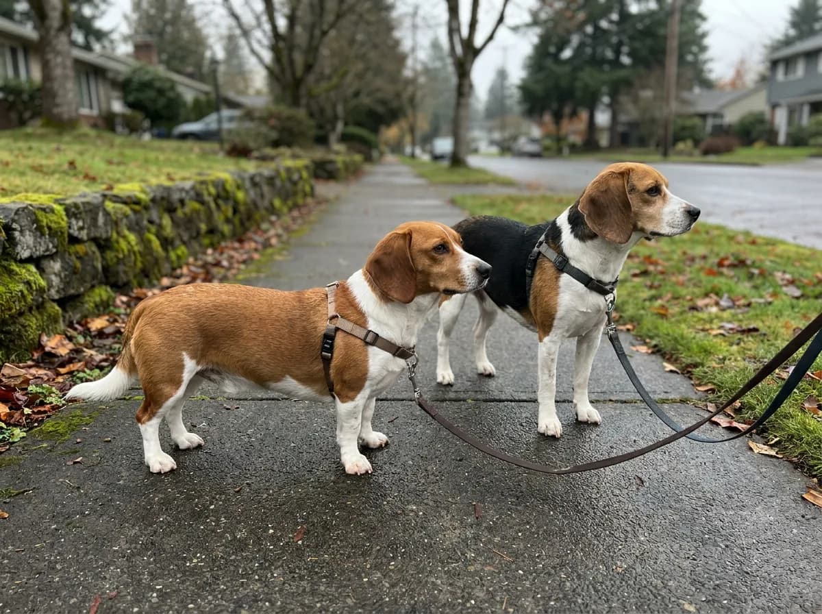 Red and white Beagle Dachshund mix in a harness standing beside a taller tricolor Beagle on a wet sidewalk