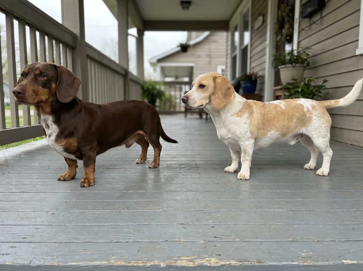 Two Doxles on a porch: a chocolate-and-tan dog and a lemon-and-white dog, both long-backed with short legs