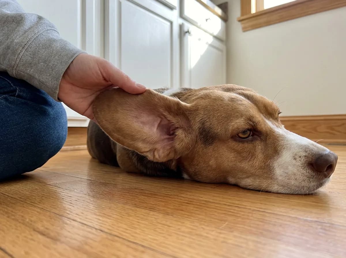 Owner lifting a relaxed chocolate tricolor Beagle's ear flap on a kitchen floor to check inside the ear
