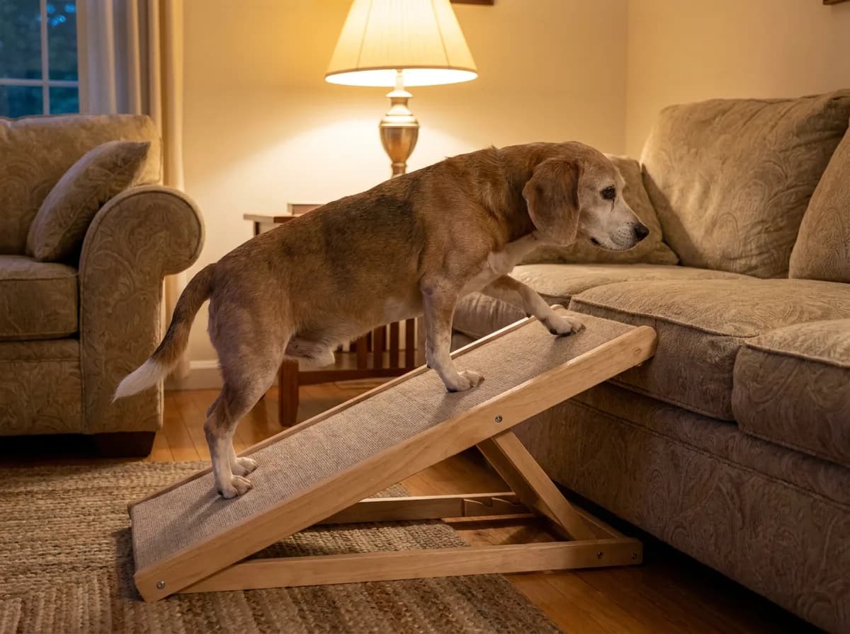 Elderly tan and white Beagle with a gray face climbing a carpeted pet ramp onto a sofa in warm lamplight