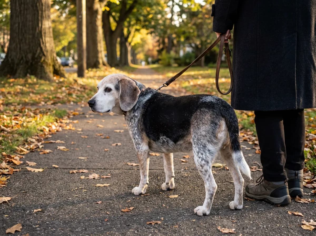 Gray-faced senior bluetick Beagle standing on a leash beside its owner on a leaf-covered path in autumn
