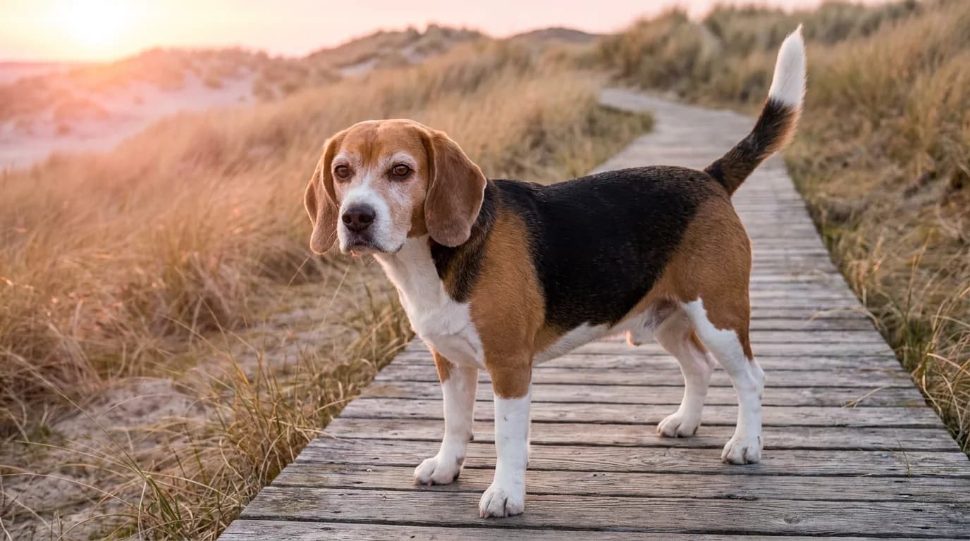 Mature tricolor Beagle with a lightly grayed muzzle standing on a wooden boardwalk through dune grass in golden light