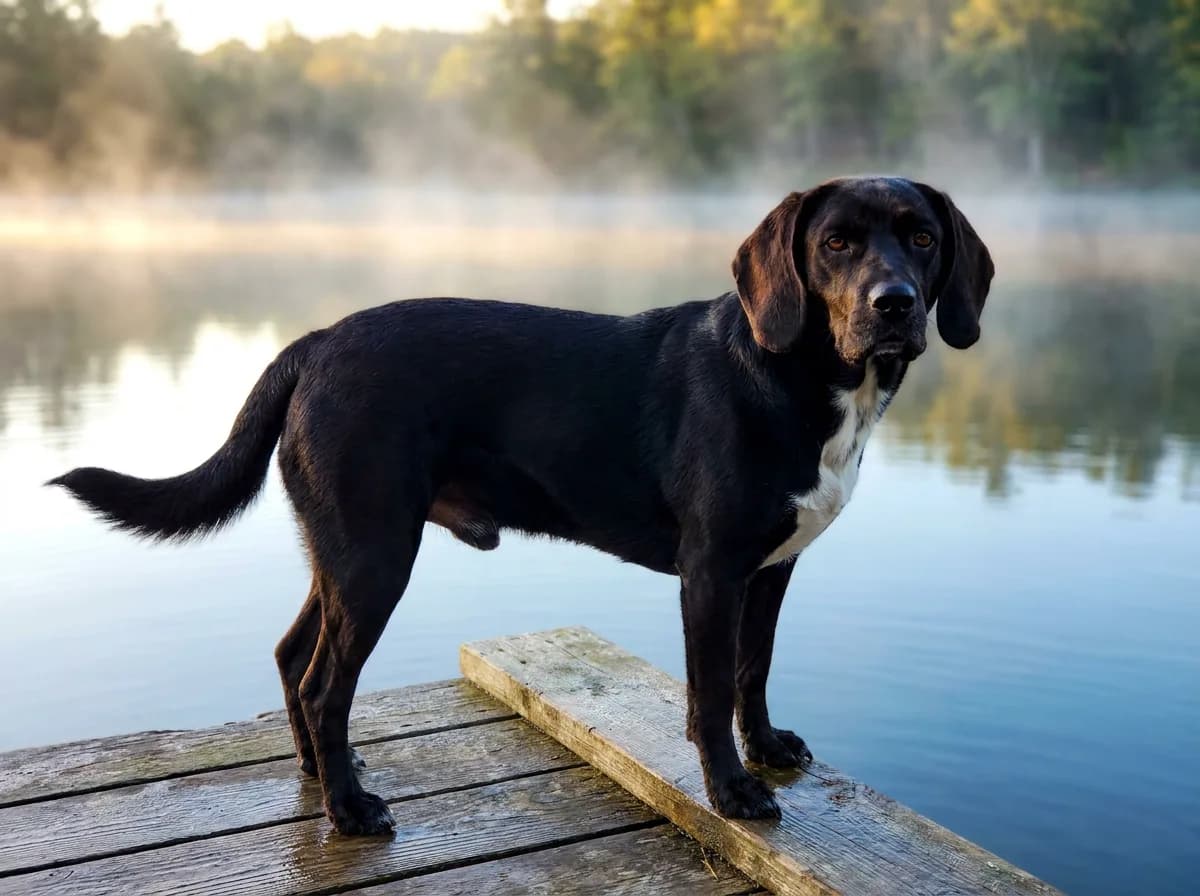 Black Beagador, a Beagle and Labrador mix with long drop ears and a white chest blaze, standing on a misty lake dock