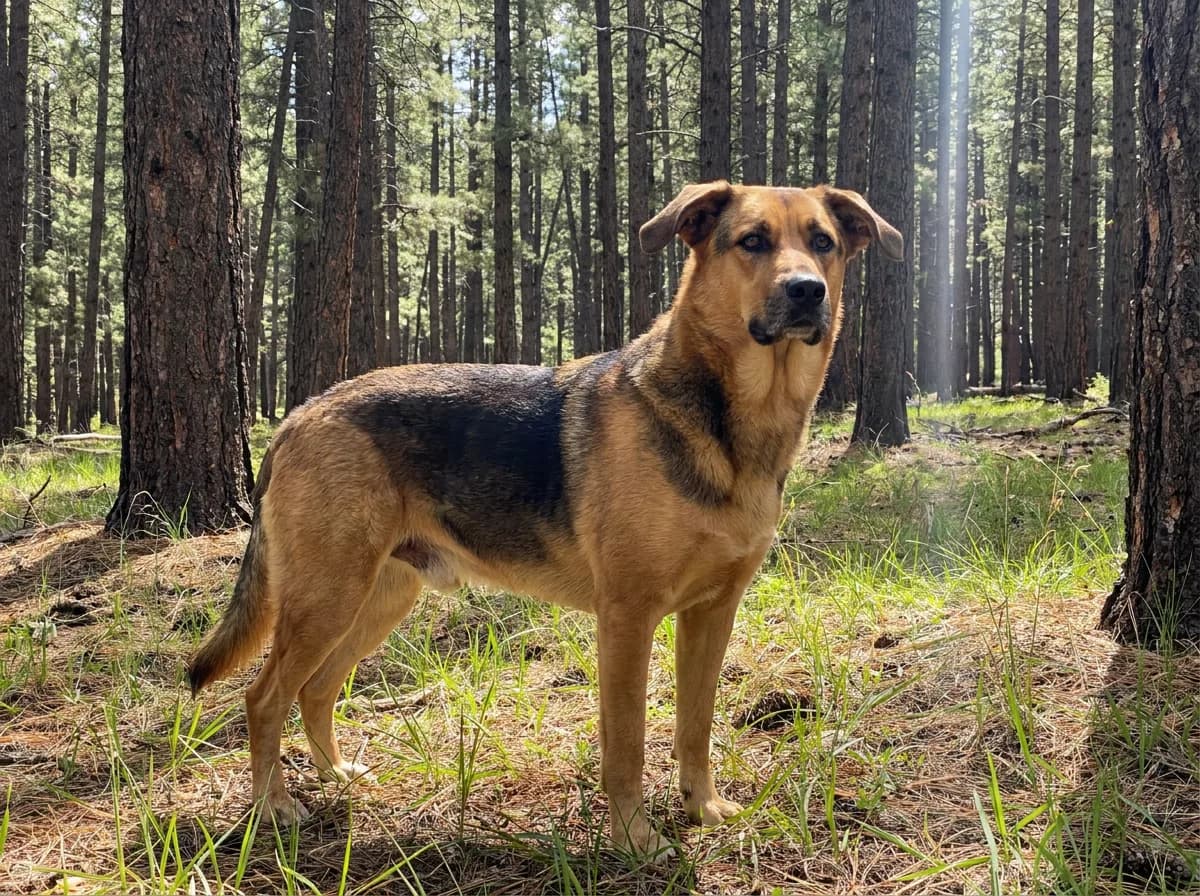 Beagle Shepherd, a Beagle and German Shepherd mix with a black saddle, tan coat, and folded ears, in a sunny pine forest