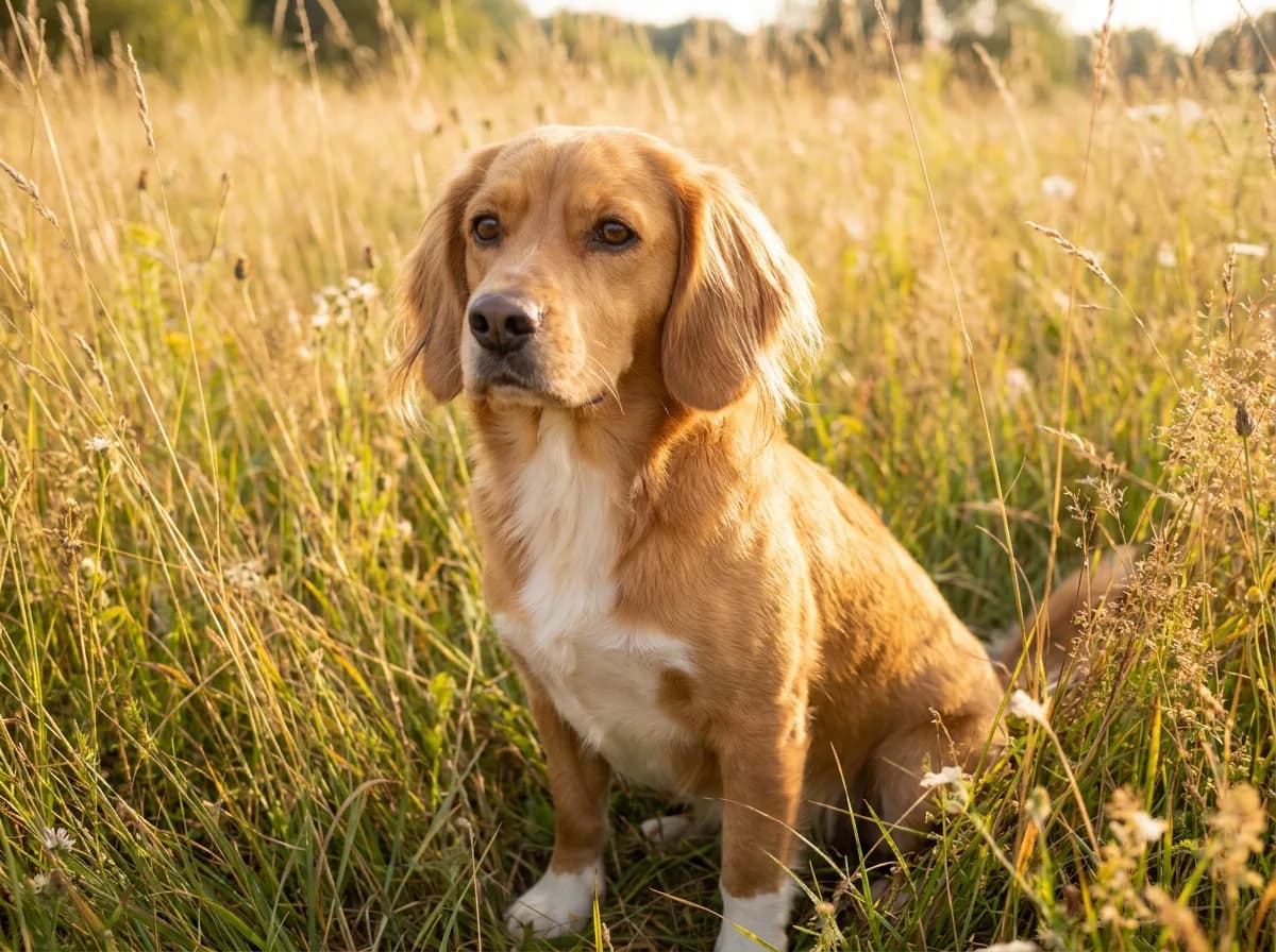 Beago, a Beagle and Golden Retriever mix with a golden coat, long feathered ears, and a white chest, sitting in tall grass