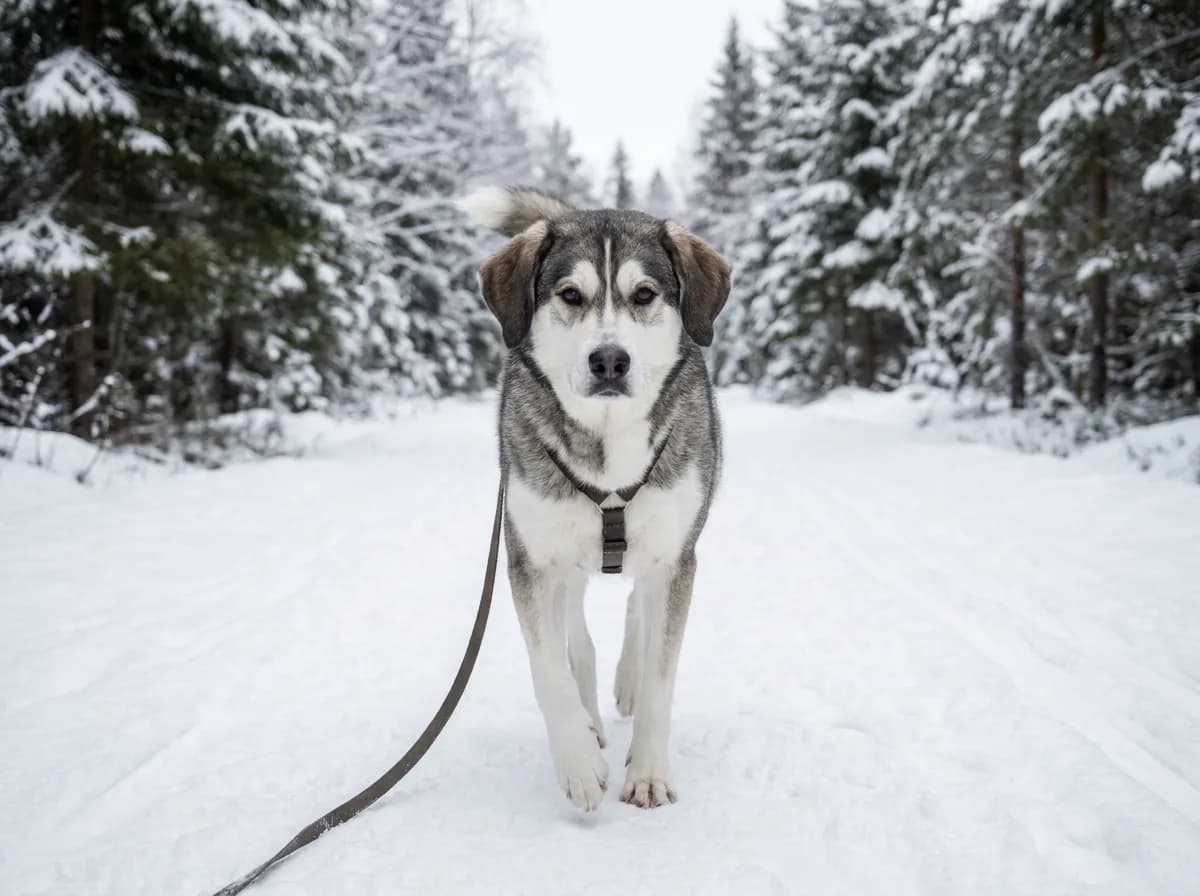 Adult Beaski, a Beagle and Siberian Husky mix with a gray and white Husky mask and brown drop ears, on a snowy trail