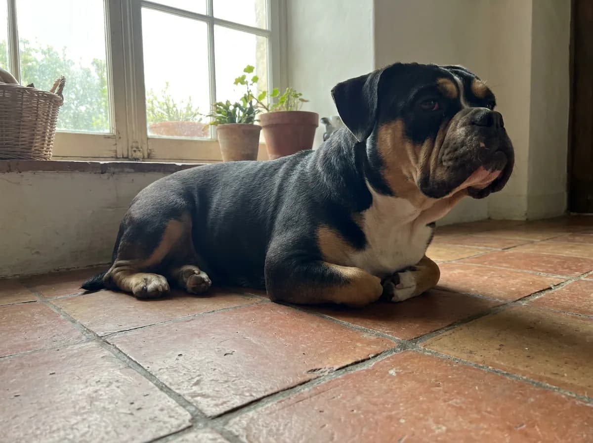 Adult tricolor Beabull, a Beagle and English Bulldog mix with a short wrinkled muzzle and drop ears, lying on a tile floor