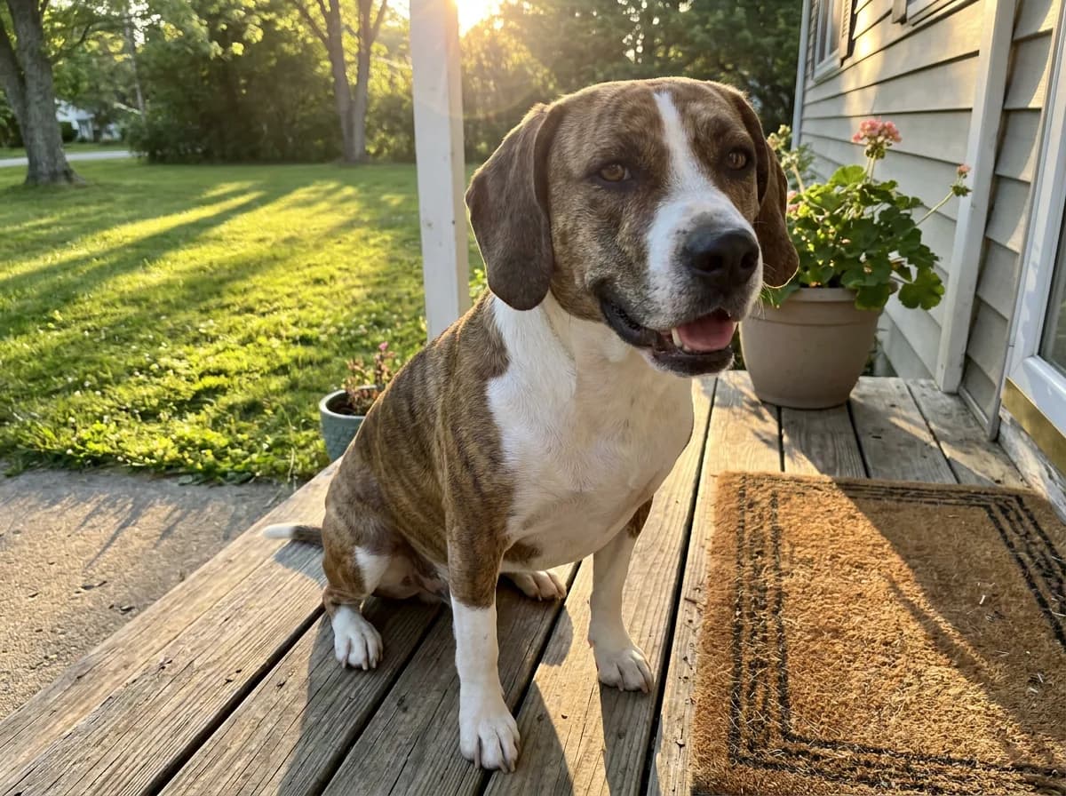 Adult brindle and white Beagle Pit, a Beagle and Pit Bull mix with long drop ears, sitting on a front porch at golden hour