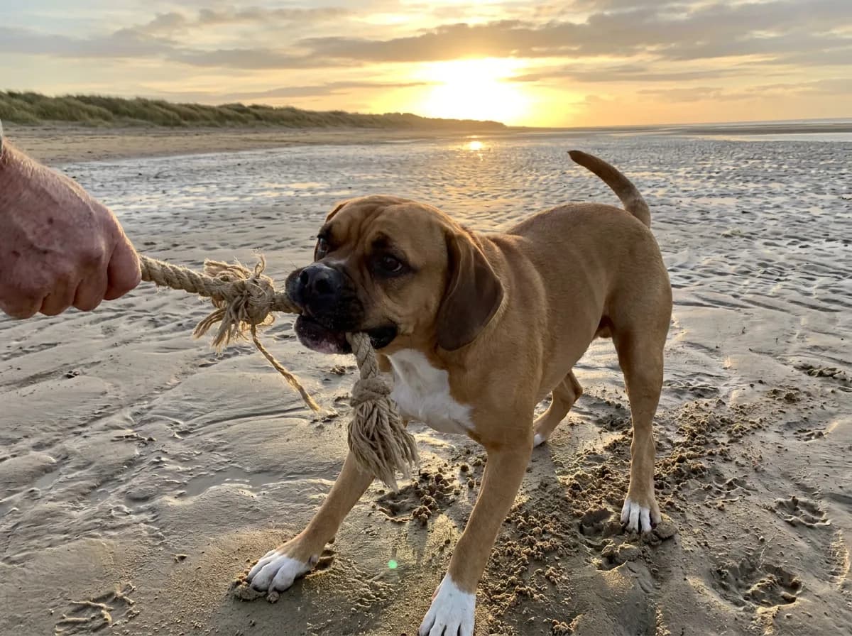 Adult fawn Bogle, a Beagle and Boxer mix with a black mask, white chest, and drop ears, playing tug with a rope on a beach