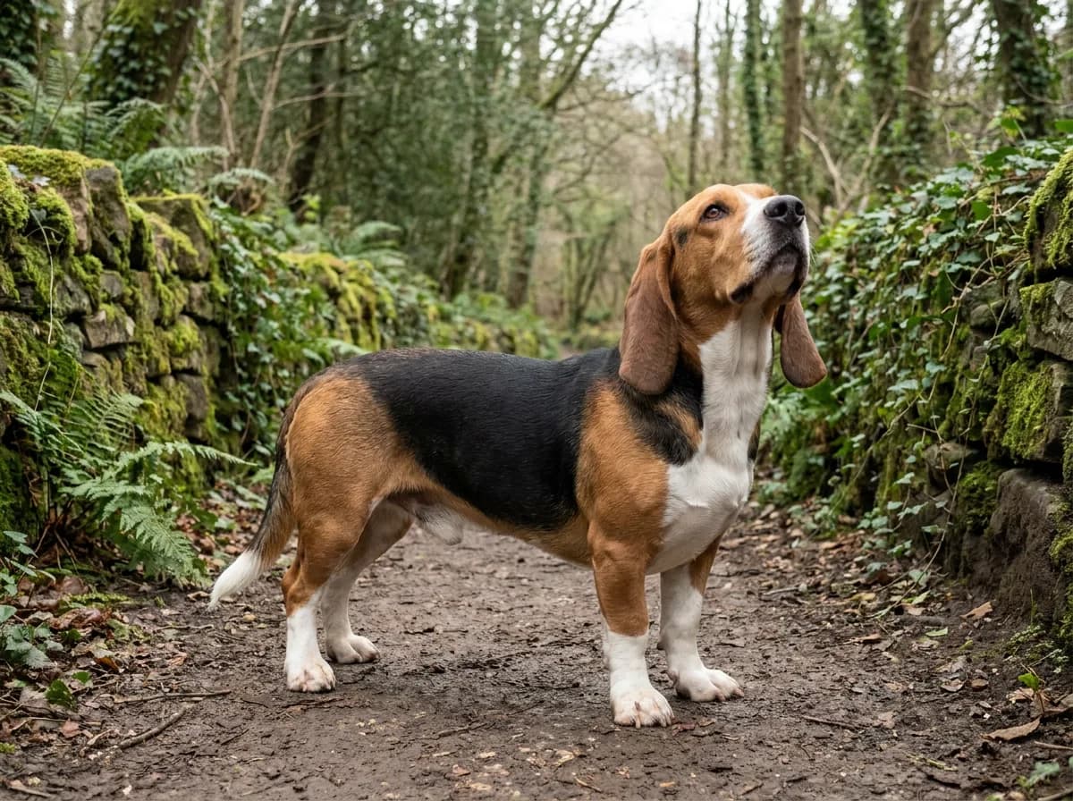 Adult tricolor Bagle Hound, a Beagle and Basset Hound mix, with a long back, short sturdy legs, and long ears, sniffing the air on a woodland path