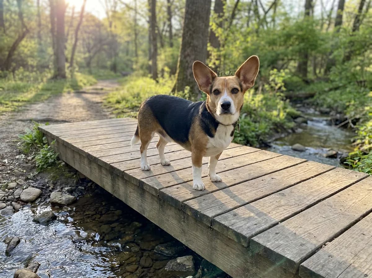 Adult Beagi, a Beagle and Corgi mix with a tricolor coat, large upright ears, and short legs, on a wooden footbridge