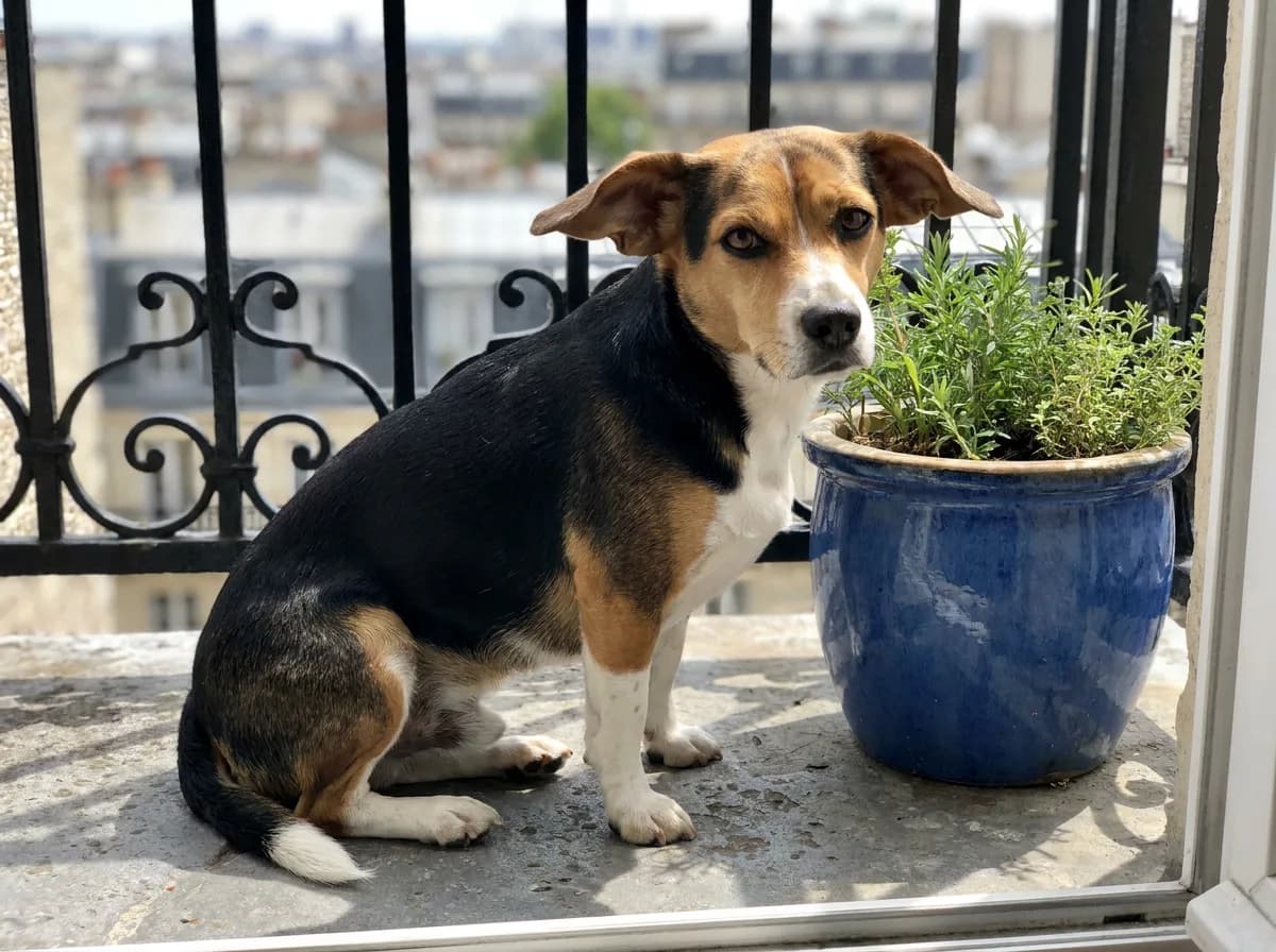 Adult tricolor Cheagle, a Beagle and Chihuahua mix with large semi-erect ears, sitting by a blue pot on a city balcony
