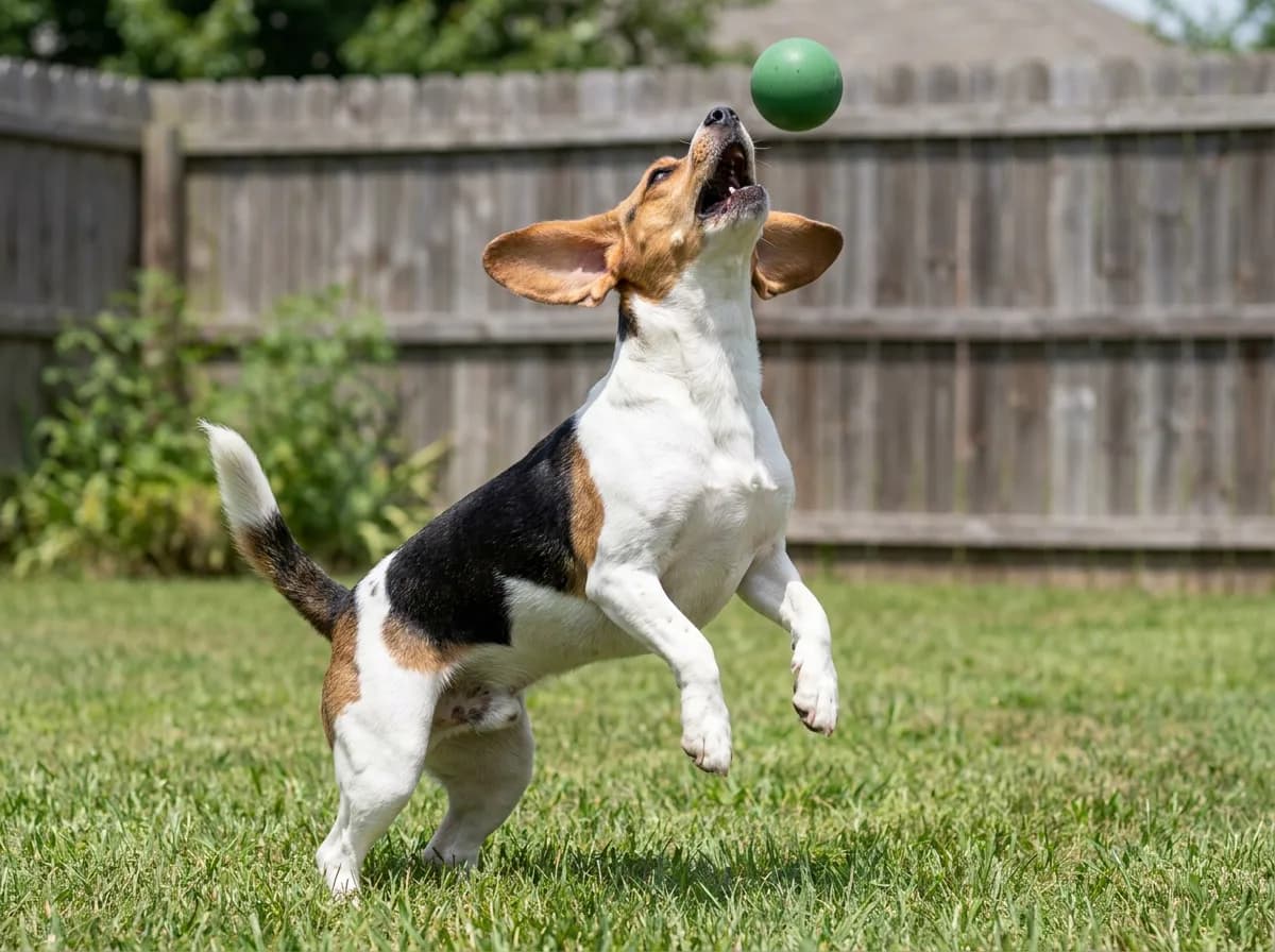 Adult Jack-A-Bee, a Beagle and Jack Russell Terrier mix, white with black and tan patches, leaping for a ball in a yard