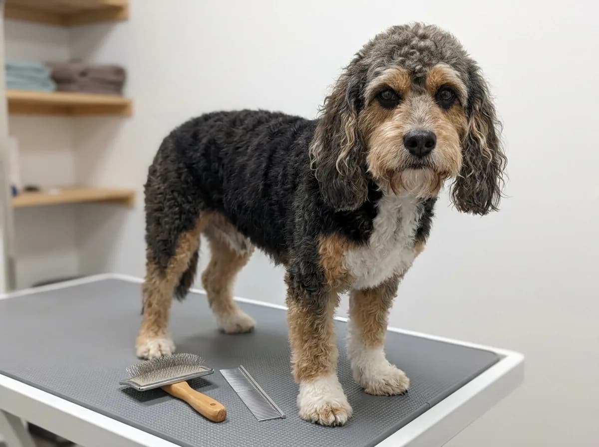 Adult Poogle, a Beagle and Poodle mix with a wavy, curly tricolor coat and a bearded face, standing on a grooming table