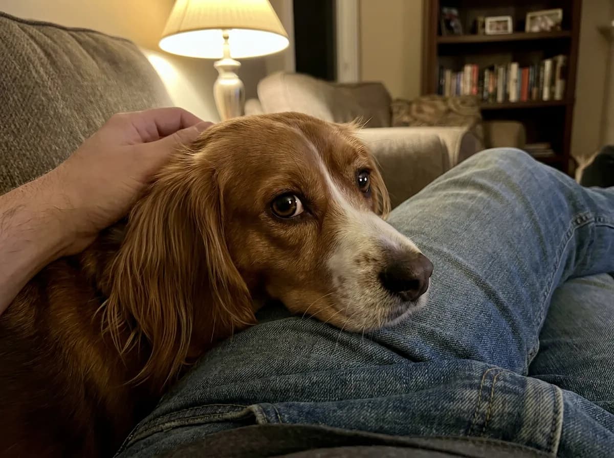 Adult Beaglier, a Beagle and Cavalier mix with a chestnut and white coat and silky ears, resting its chin on an owner's lap