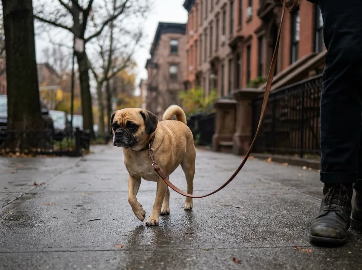 Adult Puggle, a Beagle and Pug mix with a fawn coat and black mask, walking on a loose leash along a city sidewalk