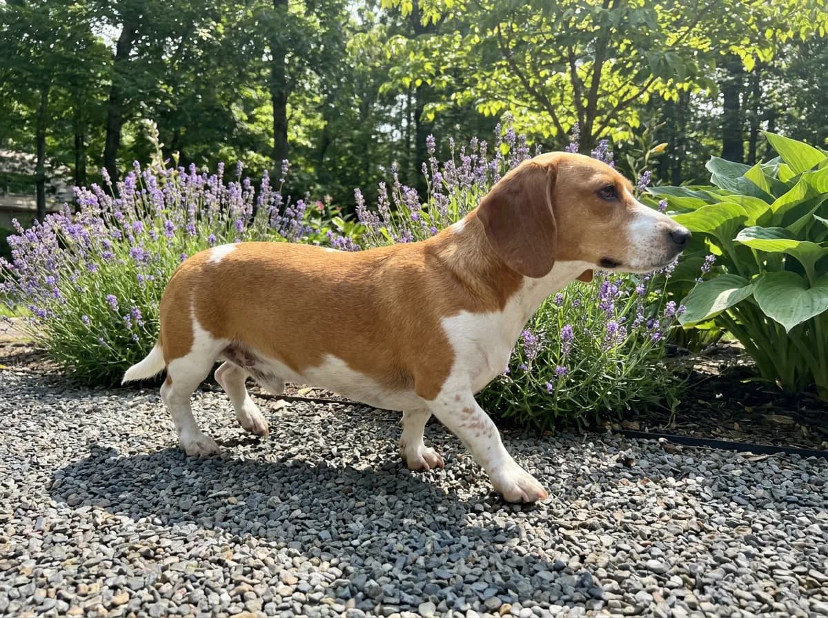 Adult Doxle, a Beagle and Dachshund mix with a red and white coat, long body, and short legs, walking on a gravel path