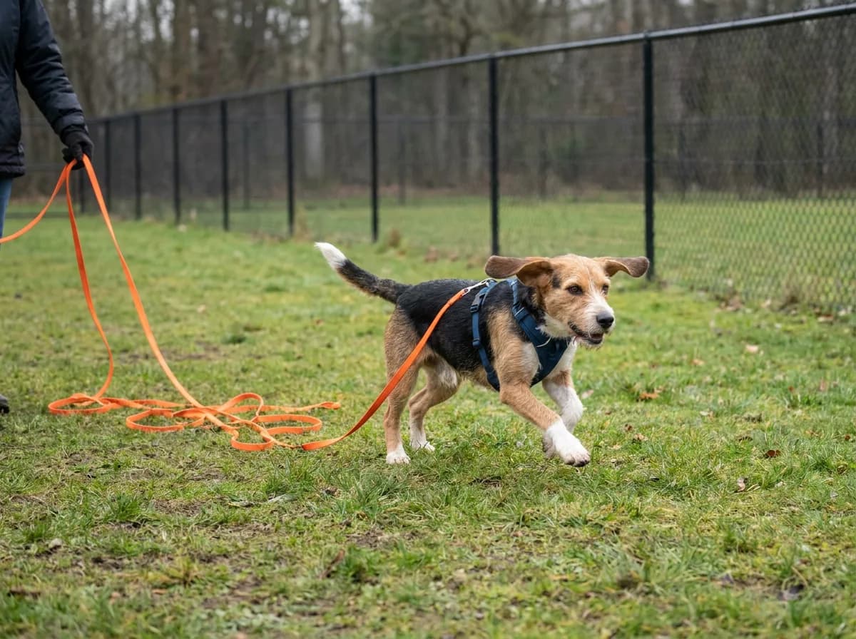 Beagle mix in a harness trotting across a fenced grass field on a long orange training line held by a handler