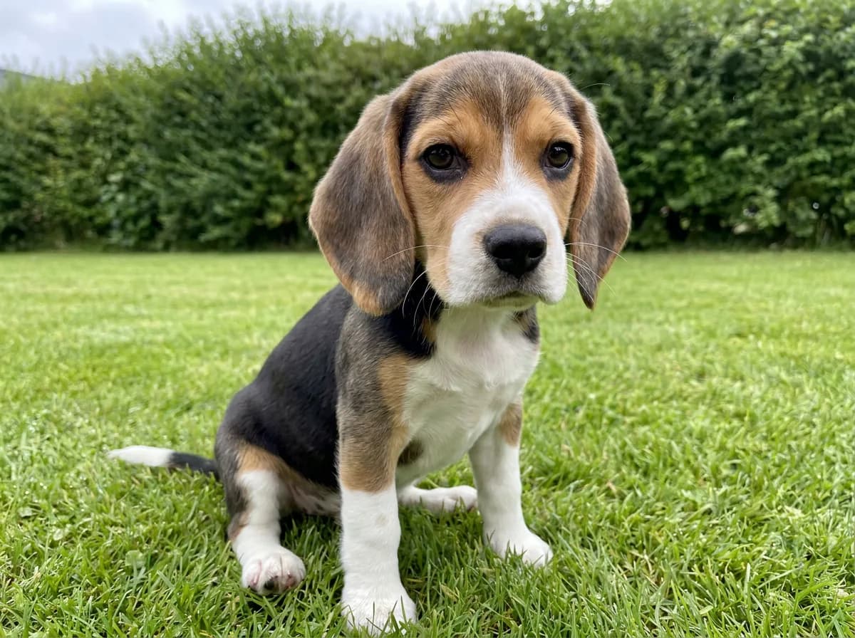 Young tricolor Beagle puppy sitting on a mowed lawn in front of a green hedge, looking into the camera