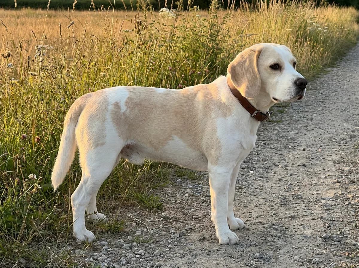 Lemon-and-white adult Beagle in a brown leather collar standing in profile on a gravel path beside tall summer grass