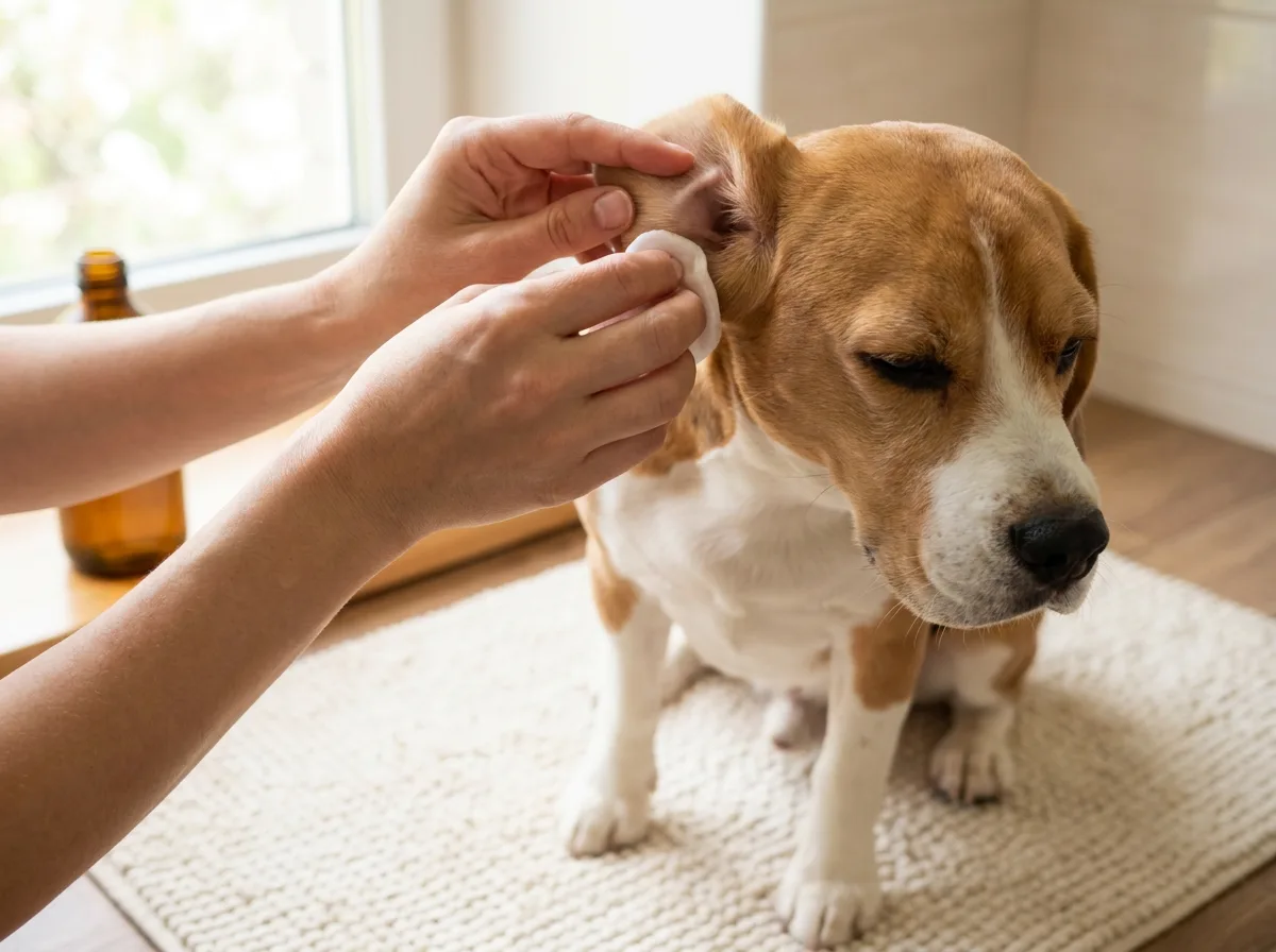Person lifts a tan-and-white Beagle's ear flap and wipes inside it with a cotton pad as the dog sits on a woven mat