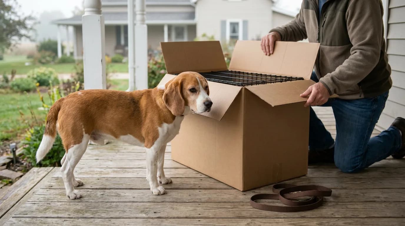 Red-and-white Beagle sniffs a box with a new wire crate inside as a man unpacks it on a porch, a leash coiled nearby