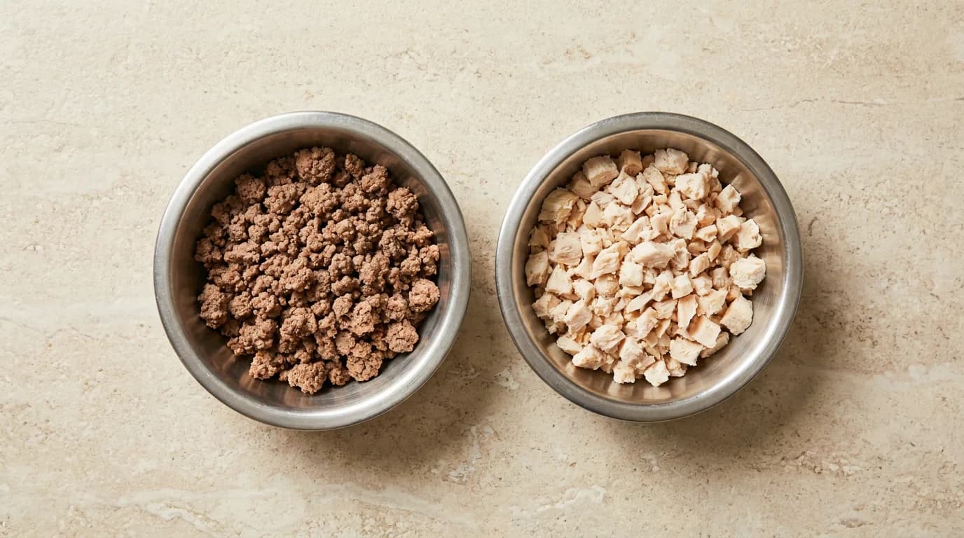 Separate bowls of plain cooked ground beef and chopped cooked chicken.