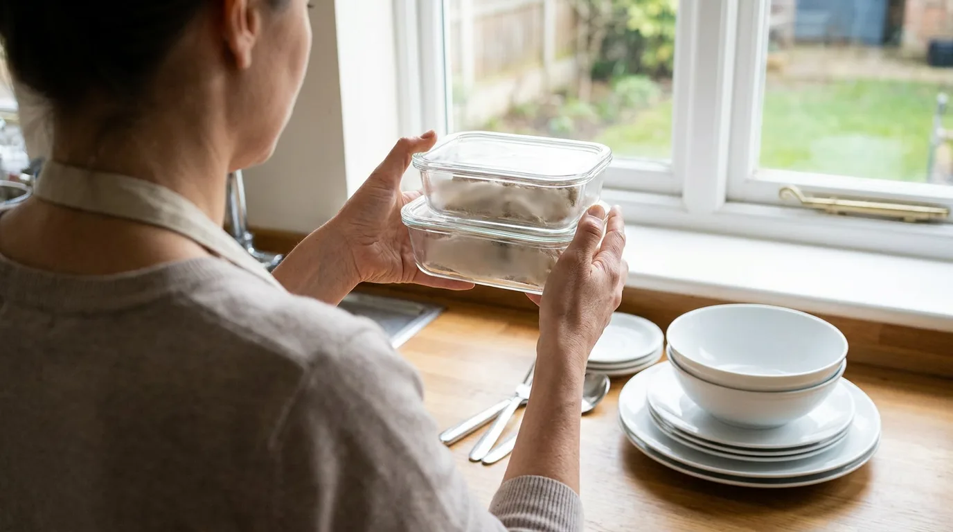 A person examines a plain food container beside clean bowls.