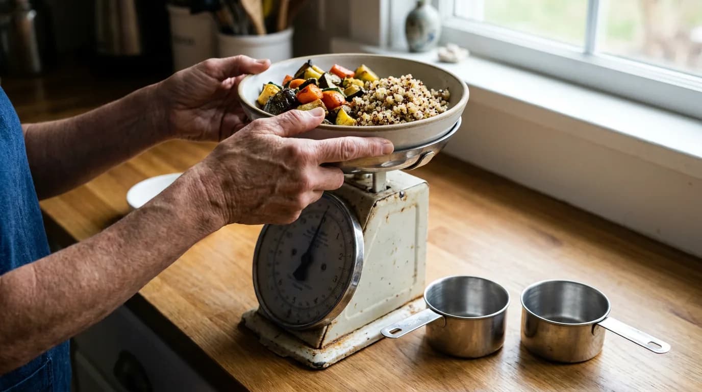 A person weighs a prepared meal on a kitchen scale.