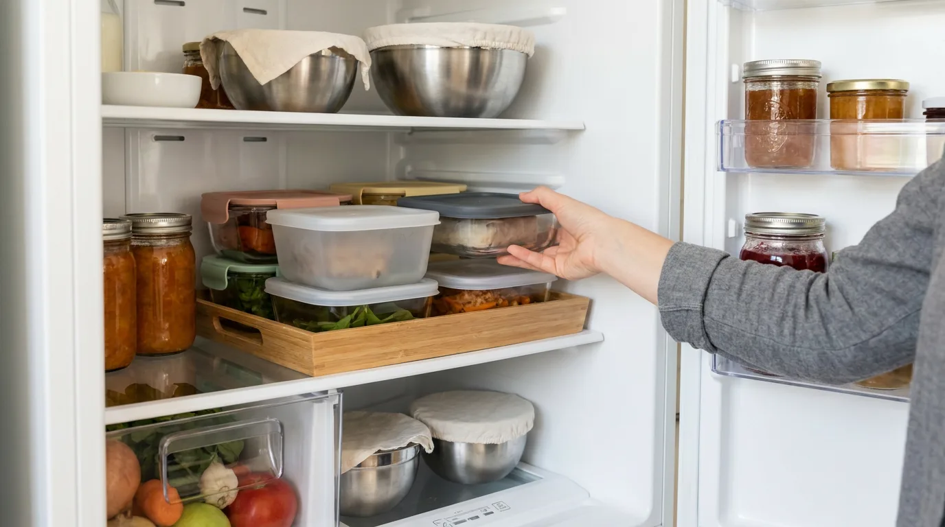 A covered food container being placed in a refrigerator.
