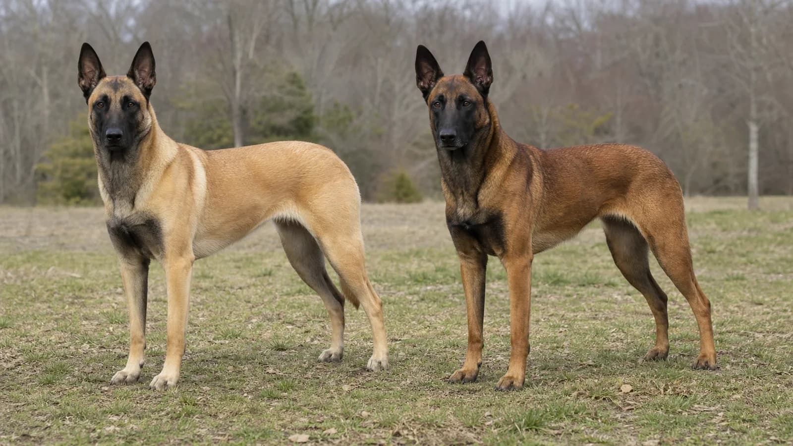 Fawn and mahogany Belgian Malinois standing side by side in the same natural daylight