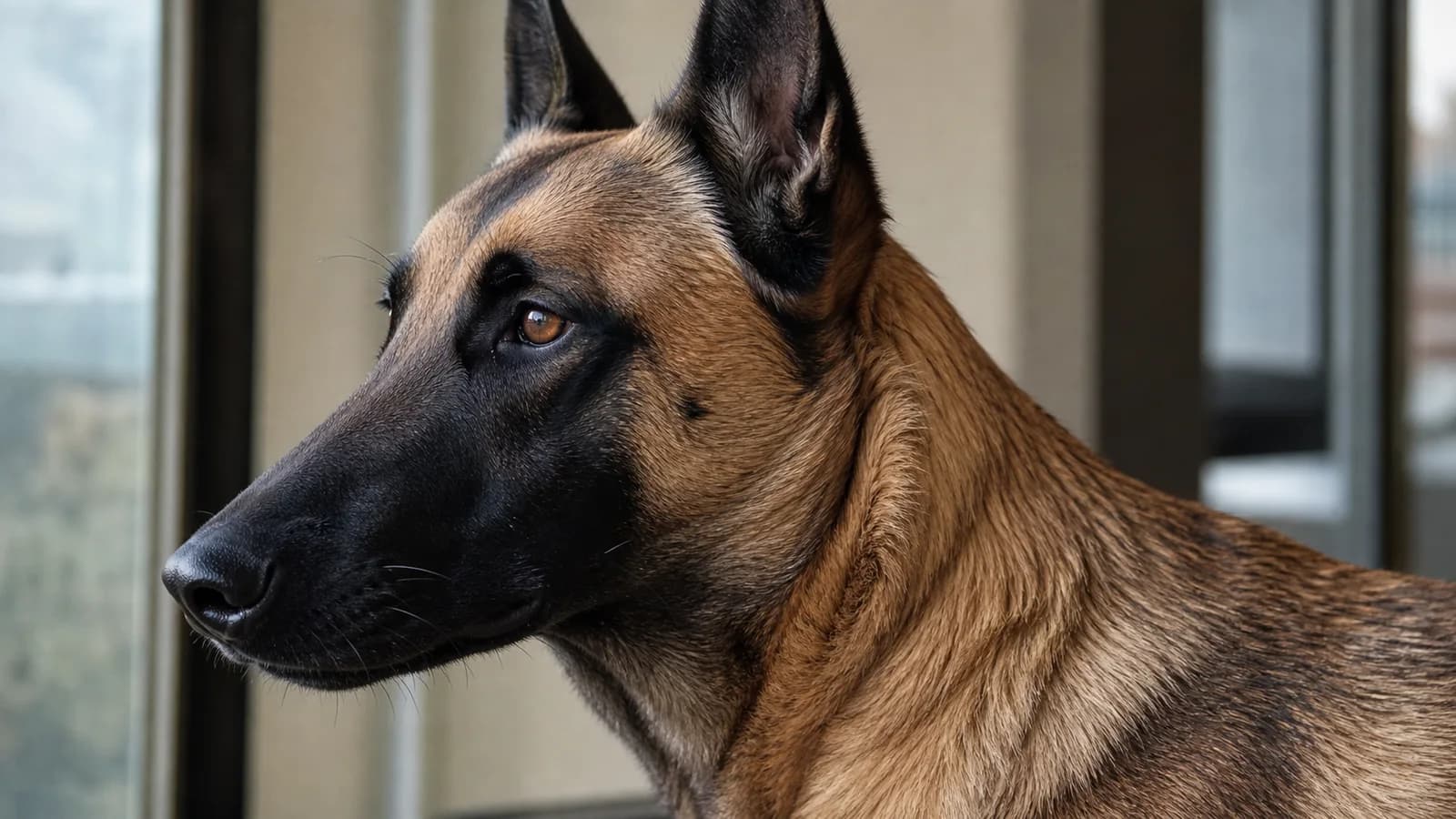 Close portrait of a Belgian Malinois showing black muzzle mask, dark ears, and black-tipped hairs over a warm fawn coat