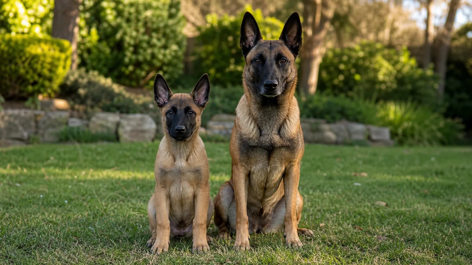 Fawn Belgian Malinois puppy and adult in comparable poses showing differences between puppy coat and adult overlay