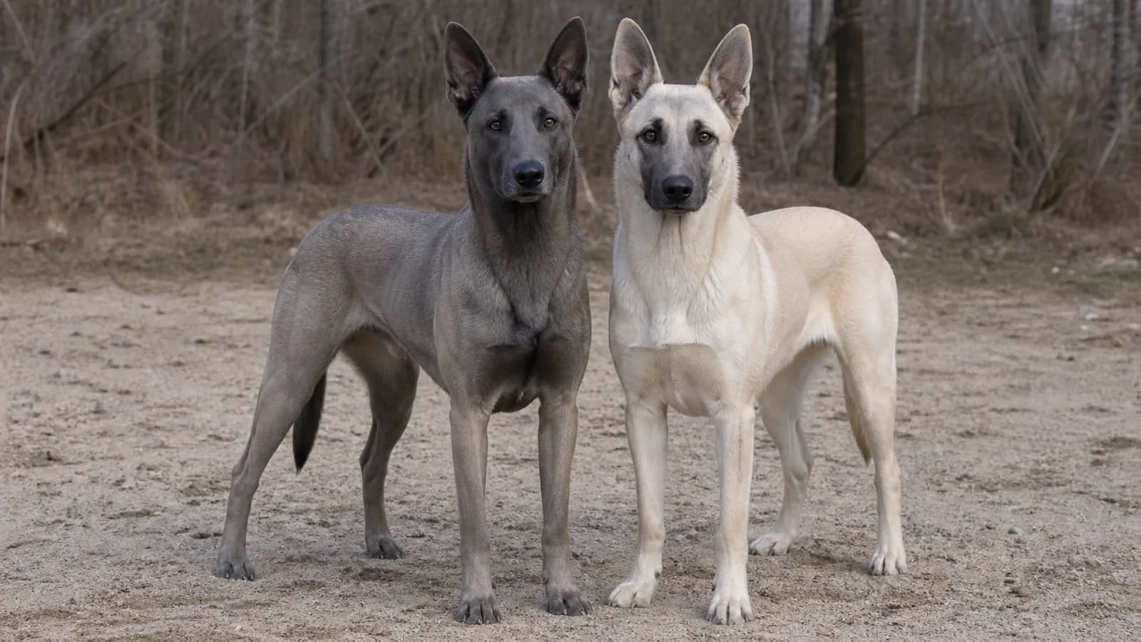 Blue-gray and pale cream Malinois-type dogs photographed side by side as a careful nonstandard color comparison