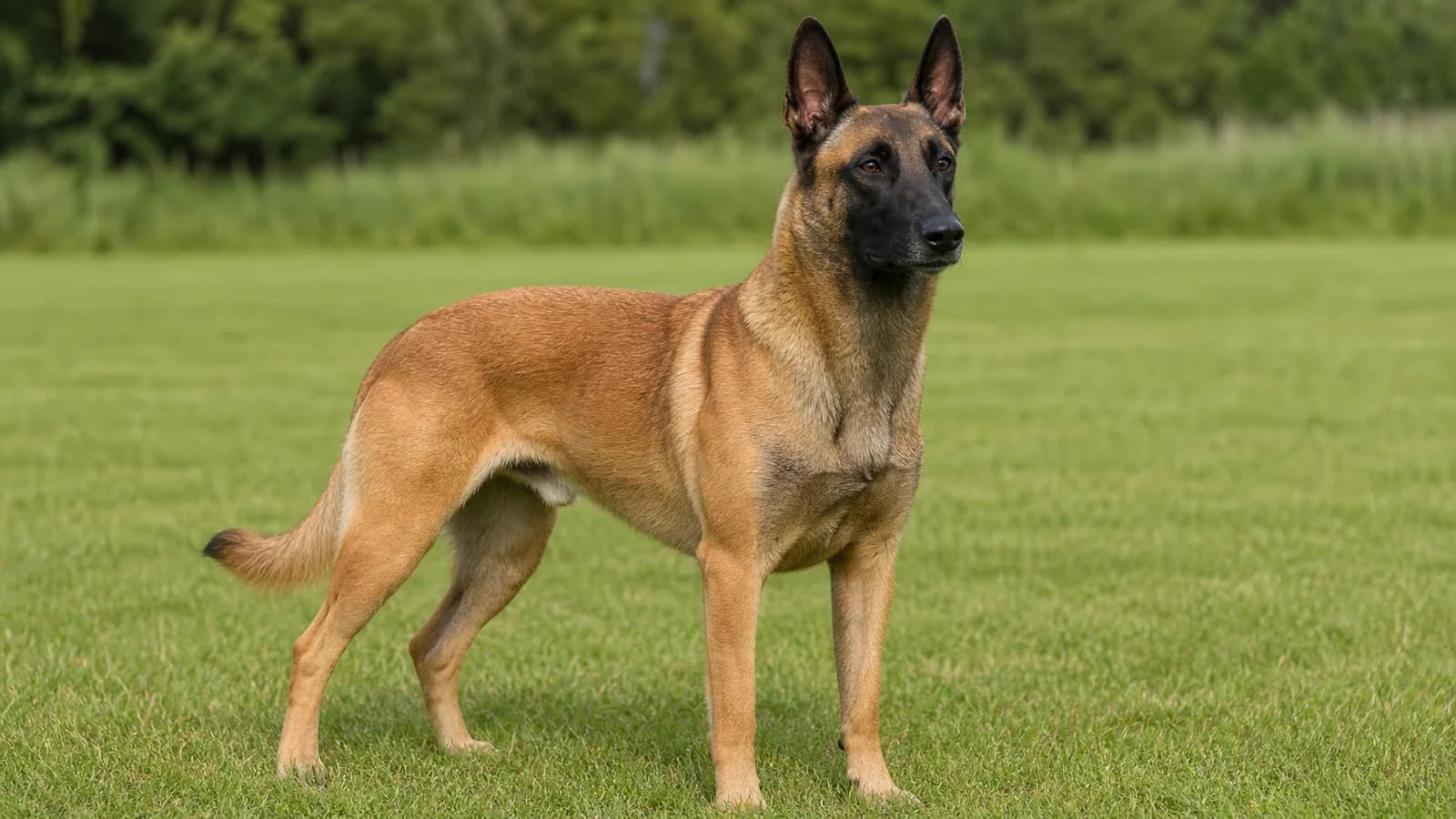 Fawn Belgian Malinois with a distinct black mask standing in soft natural daylight