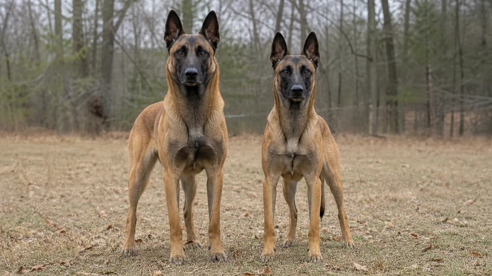 Adult male and female Belgian Malinois standing side by side without exaggerated size differences