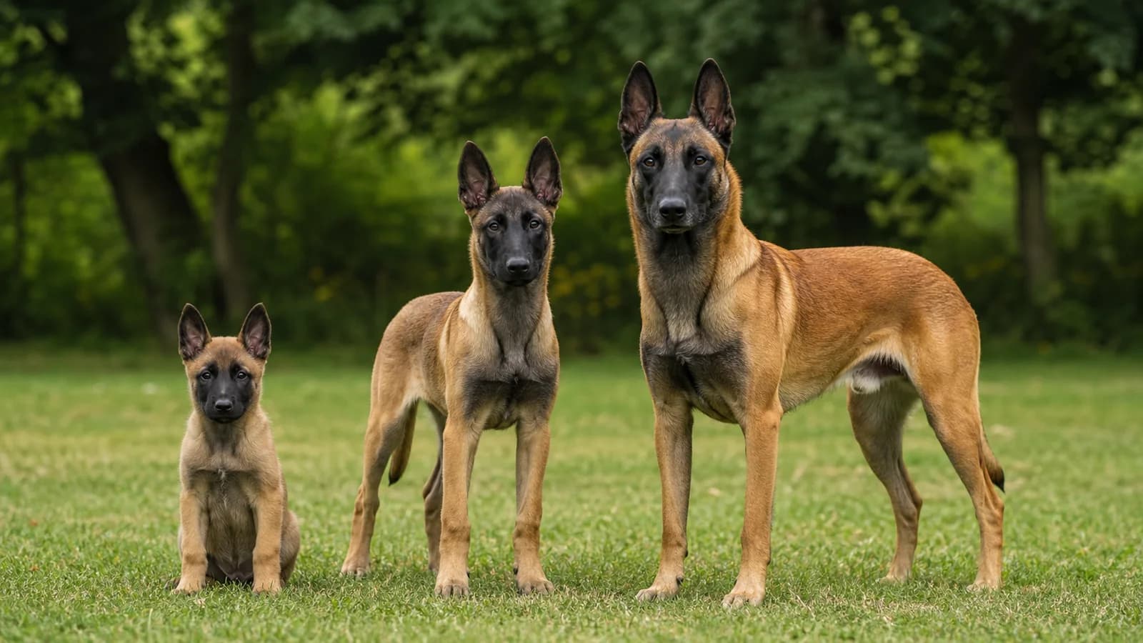 Belgian Malinois shown at puppy, adolescent, and adult stages in consistent standing poses