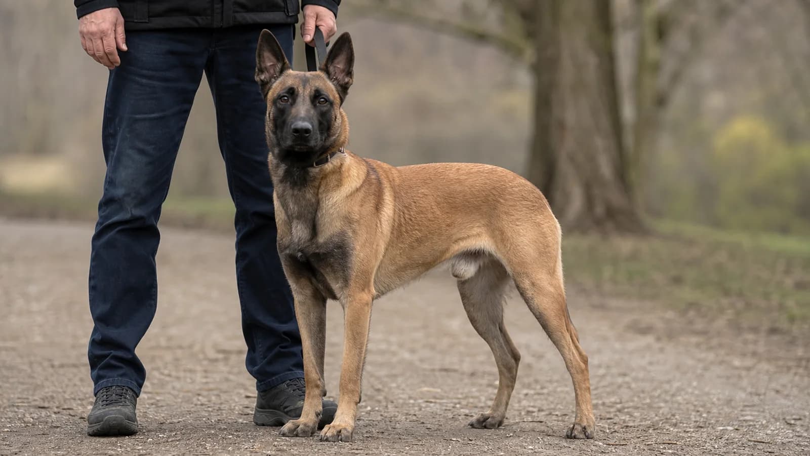 Adult Belgian Malinois standing square beside a handler to show realistic human scale