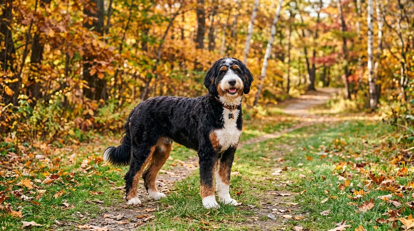A tricolor standard Bernedoodle with a wavy black, white, and rust coat standing on a grassy path in a sunny autumn park