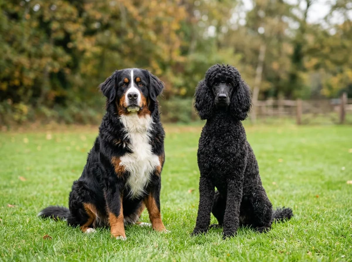 A Bernese Mountain Dog and a black Standard Poodle sitting side by side on a lawn to show the two parent breeds of a Bernedoodle