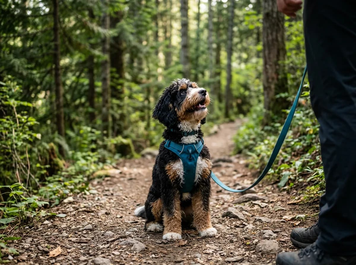 A tricolor mini Bernedoodle sitting on a hiking trail wearing a harness, looking up at its owner with a forest backdrop