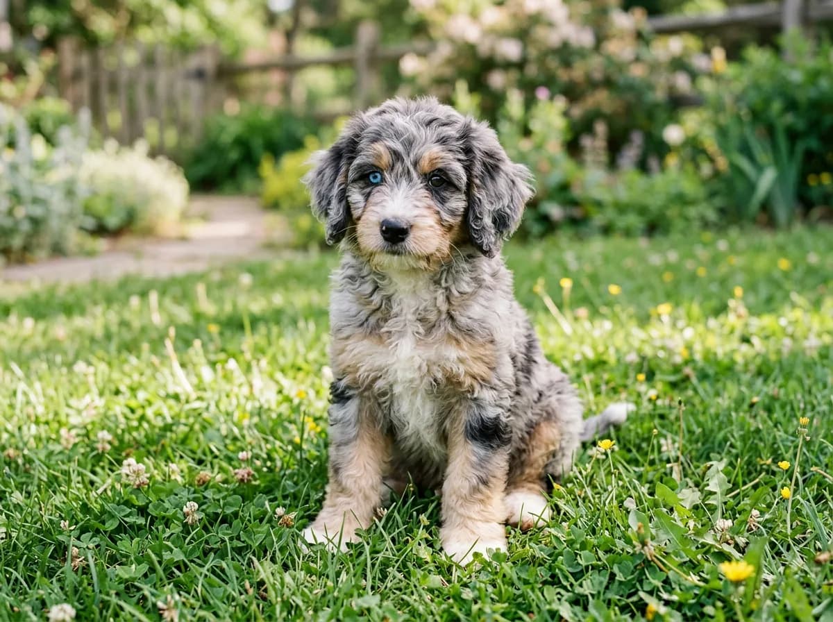 A blue merle Bernedoodle puppy with mottled gray, black, and white markings and one blue eye sitting on green grass