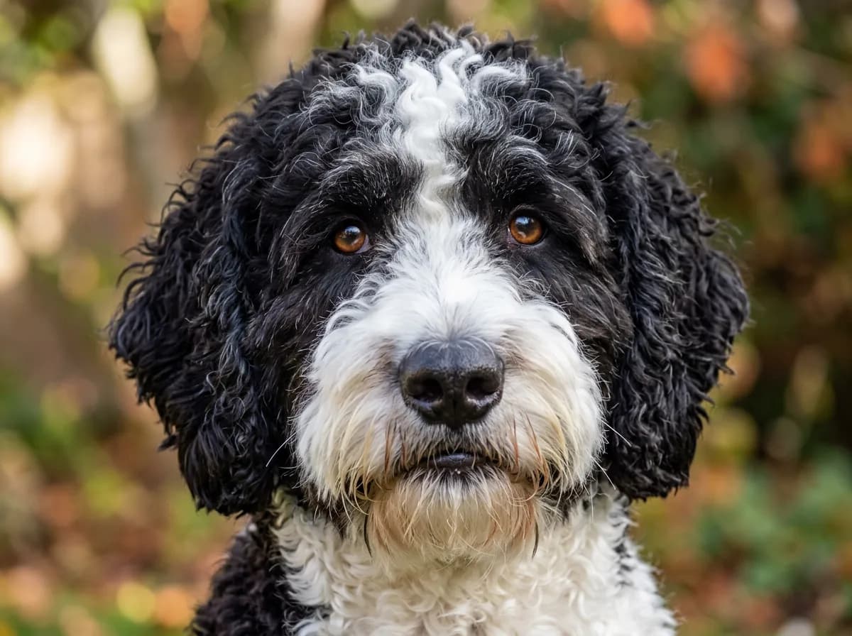 Close-up of a curly-coated black and white Bernedoodle's face showing tight teddy-bear curls and a fluffy beard