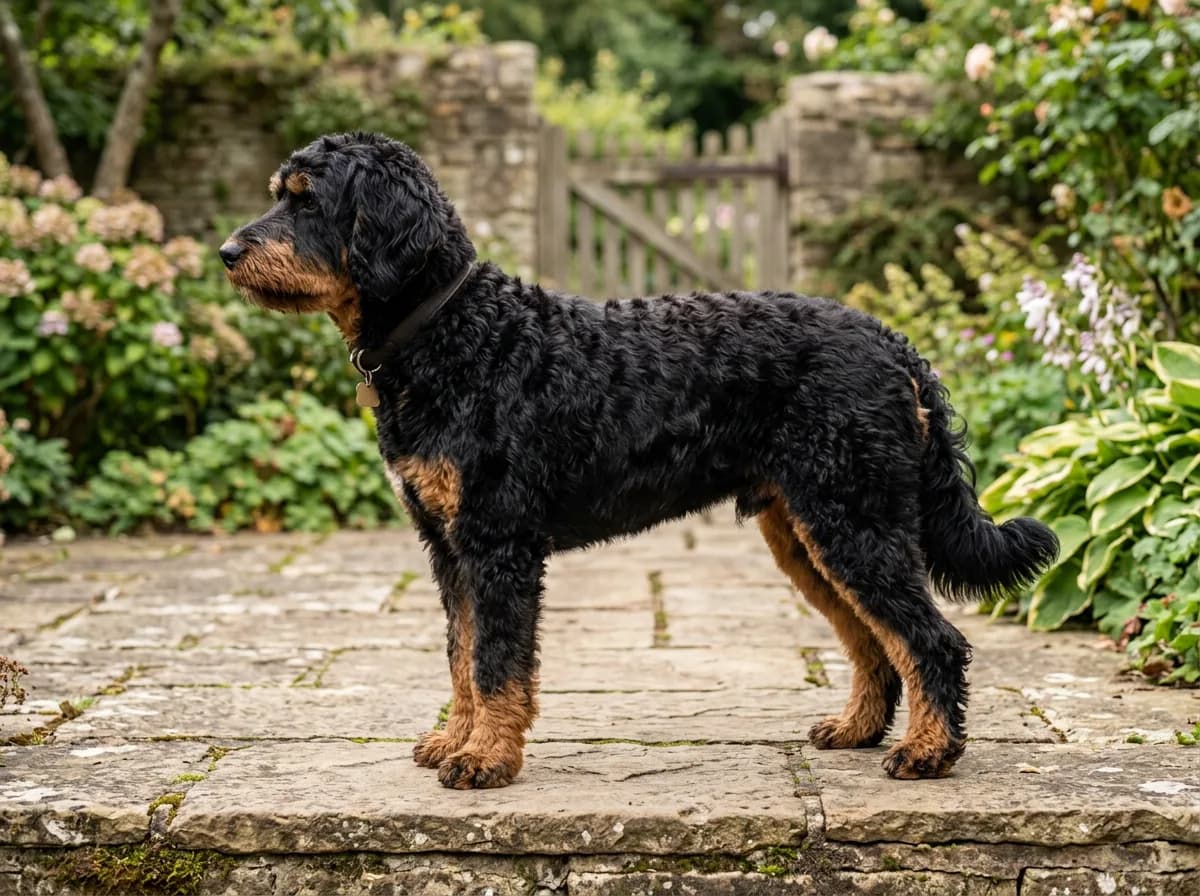 A phantom-pattern Bernedoodle with a solid black body and defined rust and tan points standing on a stone patio in profile