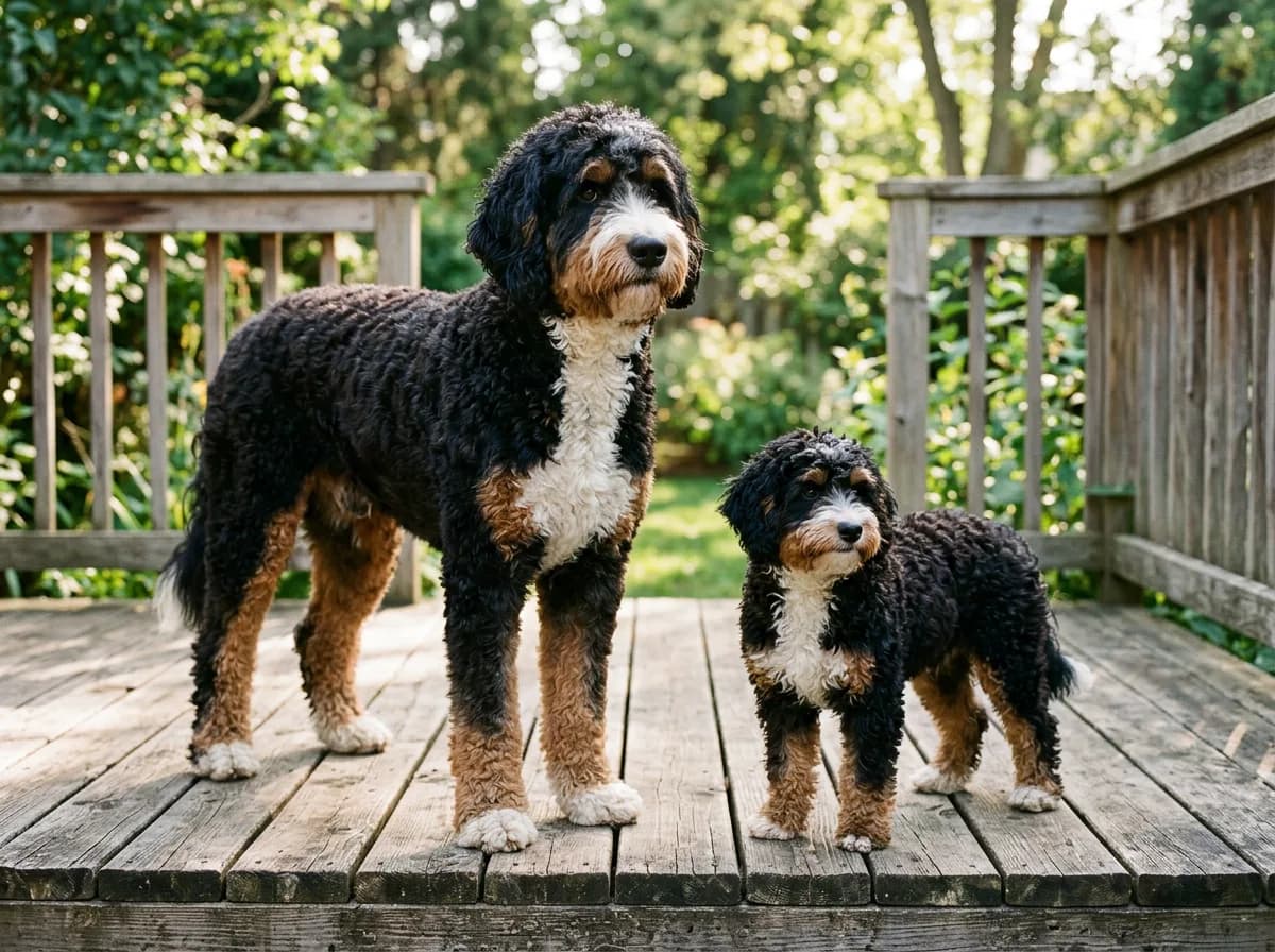 Side-by-side size comparison of a large standard Bernedoodle and a small mini Bernedoodle standing together on a wooden deck